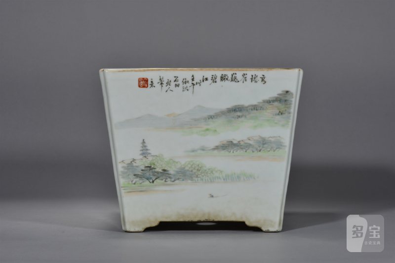清光绪 汪藩浅绛彩山水花鸟四方花盆 - 图8
